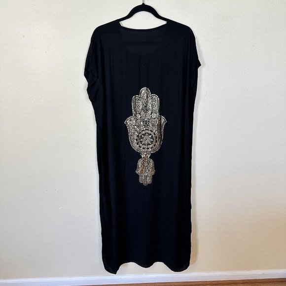 Womens Hamsa Design Black Long Kaftan MuMu Housedress OS Gold Lightweight - Picture 3 of 6